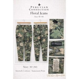Peruvian Connection Floral Skinny Pants Green Botanical Stretch Cotton Size 10
